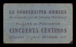 España Billete Local Guerra Civil Orellana La Vieja Badajoz 50 Céntimos 1937 MBC- AVF - Andere & Zonder Classificatie