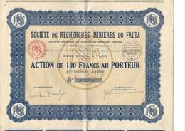 SOCIETE DE RECHERCHES MINIERES DU FALTA - TUNISIE - LOT DE 2  ACTIONS  DE 100 FRS - ANNEE 1931 - Mines