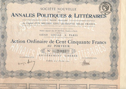 SOCIETE NLLE DES ANNALES POLITIQUES ET LITTERAIRES - ACTION ORDINAIRE DE CENT CINQUANTE FRANCS - ANNEE 1920 - Sonstige & Ohne Zuordnung