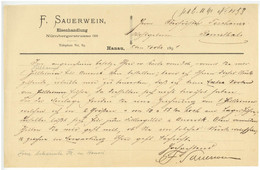 F. Sauerwein Eisenhandlung Hanau 1891 Briefkopf Romsthal - 1800 – 1899