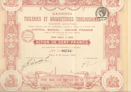 GRANDES TUILERIES ET BRIQUETERIES TOULOUSAINES-DIVISE EN 1250 ACTIONS ILLUSTREES  DE 100 FRS - ANNEE 1914 - Industry