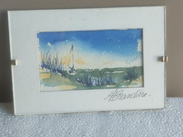 TABLEAU Sous VERRE Aquarelle Signé A. BRANDIERE Paysage De Mer Plage Bateau 10 X 15 Cm Env - Aquarelles