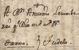 D.P. 6. 1736 (5 FEB). Carta De Pamplona A Tudela, Sin Marcas Postales. Porteo Manuscrito. Muy Bonita - ...-1850 Prefilatelia