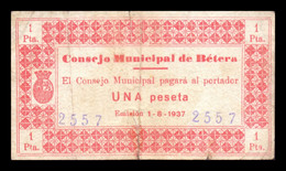 España Billete Local Guerra Civil Bétera Valencia 1 Peseta 1937 MBC VF - Autres & Non Classés