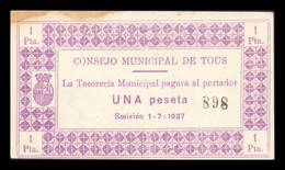 España Billete Local Guerra Civil Tous Valencia 1 Peseta 1937 EBC/+ XF/+ - Autres & Non Classés