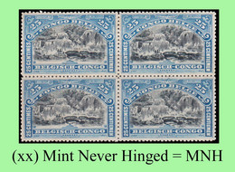 1910 ** BELGIAN CONGO / CONGO BELGE = COB 057 MNH BLUE FALLS BILINGUAL : BLOC OF -4- STAMPS WITH ORIGINAL GUM - Blocks & Kleinbögen