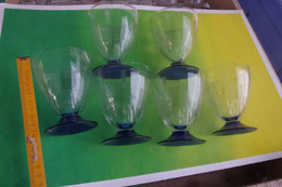 V7  Lot 6 Verres Grands Verre à Eau Vin  Glass Pied Couleur Bleu Années 20-30-40 - Bicchieri