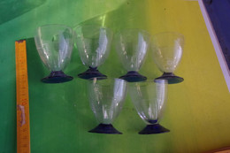 V7  Lot 6 Verres H 7 Cm  Glass Pied Couleur Bleu Années 20-30-40 - Verres