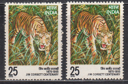 EFO, Colour Shift / Dry Print Variety, India MNH 1976,  Jim Corbett Cent., Writer,Tiger Project, Animal - Abarten Und Kuriositäten