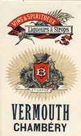 Etiquette VINS Et SPIRITUEUX, Liqueurs Et Sirops, VERMOUTH CHAMBÉRY, B Et CAPOË 8 X 13 Cm, Dorée, Années 1920-30 - Alcoholen & Sterke Drank