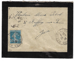 HERIMONCOURT Doubs Enveloppe Carte De Visite DEUIL 25c Semeuse Bleu Yv 140 Ob 25 7 923 - Cartas & Documentos