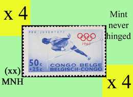 1960 ** BELGIAN CONGO / CONGO BELGE = COB 367 MNH ULTRAMARINE POLE VAULT :  BLOC OF -4- STAMPS WITH ORIGINAL GUM - Blokken