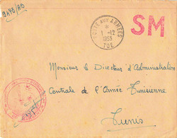 LETTRE FM SM POSTE AUX ARMEES 1/12/1953 T.O.E CACHET CENTRE ADMINISTRATIF D 'EXTREME ORIENT DIRECTEUR ADM ARMEE TUNISM - Guerre D'Indochine / Viêt-Nam