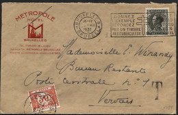 N°401 Obl. BRUXELLES S/Lettre En POSTE RESTANTE 1935 + Taxe 35 Obl. VERVIERS (x489) - 1934-1935 Léopold III