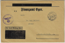 Germany 1938 Tax Office Of Eger Official Cover Currently Cheb In Czech Republic Sent To Karlsbad Cancel Eagle Swastika - Covers & Documents