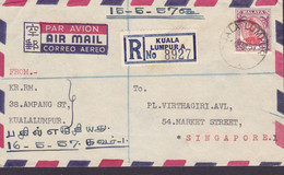 Malayan State Selangor Registered Einschreiben Label KUALA LUMPUR 1957 Cover Brief SINGAPORE 30c. Sultan Shah - Selangor