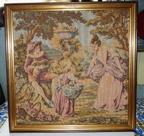 Cadre Tapisserie Broderie Antique Vintage Scène Romantique France Voir Dos Tbe - Tapis & Tapisserie