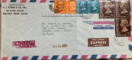 HONG KONG 1976,USED COVER TO USA VIGNETTE LABEL “EXPRSS” FIRM QUINN & CO.QUEEN ELIZABETH 6 STAMPS USED, KING ROAD CANCEL - Brieven En Documenten