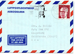 61763 - Bund - 1972 - 90Pfg Heinemann EF A Aerogramm MUENCHEN - MUENCHEN 1972 -> Kingsburg, CA (USA) - Lettres & Documents