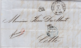 LAC De Hamburg (Allemagne) Pour Sète (34) - 30/01/1858 - CAD Type 15 + Marque Entrée Tour-T 2 Valenciennes 2 - PD + Amb. - Marques D'entrées