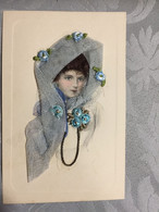 FEMME AVEC DES CHEVEUX, CHAPEAU EN DENTELLE   - CARTE FANTAISIE - Dreh- Und Zugkarten