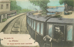 (XX) Carte Montage Gare Train Locomotive Voyageuse Voyageur. J'arrive Ou Pars De LA FLECHE 72 En 1911 - La Fleche