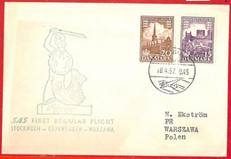 Aa3439 - DENMARK - Postal History - FIRST FLIGHT COVER Stockholm - Warsaw  1957 - Luchtpostzegels
