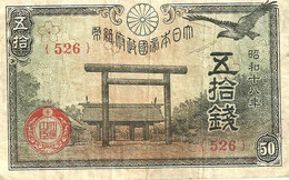 JAPAN 50 SEN BLACK BIRD TEMPLE FRONT MOUNTAIN BACK ND(1942-44) P.59a AVF READ DESCRIPTION !! - Japon