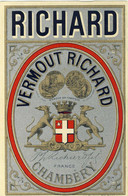 Etiquette VERMOUT RICHARD, CHAMBÉRY, Médailles, Armoiries, Lévriers, Signature Années 30 Imp. Rousseau - Alcoholen & Sterke Drank