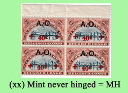 1918 ** RUANDA-URUNDI = RU 040 MNH RED CROSS + A.O.  OVERPRINT ( BLOCK X 4 STAMPS WITH ORIGINAL GUM + PAGE BORDER ) - Ungebraucht