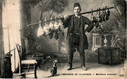 Salonique Souvenir De Marchand Ambulant Chat Cat Gatto Commerce Trade Grèce Dos Vert Cpa Ecrite Au Dos En 1917 B.Etat - Greece