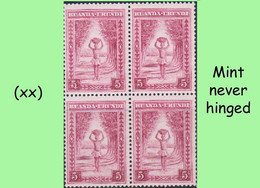 1937 ** RUANDA-URUNDI RU111 MNH ETHNIC SET -2-  BOY WITH JAR ON HIS HEAD ( BLOCK X 4 STAMPS WITH ORIGINAL GUM ) - Unused Stamps