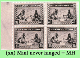 1931 ** RUANDA-URUNDI = RU 112 MNH ETHNIC SET CLOTH PREPARATION ( BLOCK X 4 STAMPS WITH ORIGINAL GUM ) - Neufs