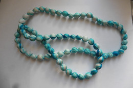 Neuf - Collier Créateur Style Boho Bohême Perles En Batik De Soie Bleu Turquoise Et Blanc - Fait Main - Etnica