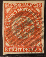 NEWFOUNDLAND - 1857-64 8d Scarlet-vermilion, SG 8,  Four Large Margins And Neat Barred And Part Cds Cancel. - Other & Unclassified