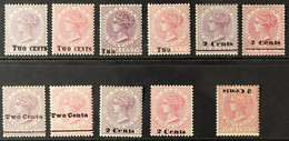 1888-90 2c On 4c Surcharges Complete Set Of Ten, SG 202/211, Plus '2 Cents' On 4c Rose With SURCHARGE INVERTED Variety,  - Ceylon (...-1947)