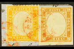 1862 Piece Bearing 80c Yellow Perf 11Â½x12 (SG 4, Sassone 4) In Combination With Sardinia 1861-63 10c Bistre Imperf (SG  - Ohne Zuordnung