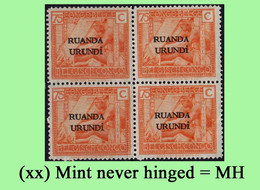 1924 ** RUANDA-URUNDI = RU 057 MNH VLOORS -1- WEAVING ( BLOCK X 4 STAMPS WITH ORIGINAL GUM ) - Nuovi