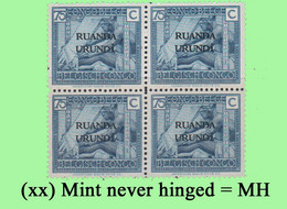 1925 ** RUANDA-URUNDI = RU 069 MNH VLOORS -2- WEAVING ( BLOCK X 4 STAMPS WITH ORIGINAL GUM ) - Unused Stamps