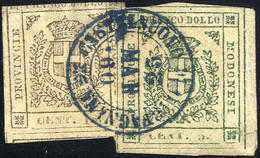 Piece 1860, Frammento Affrancato Con GOVERNO PROVVISORIO 5 Cent. Verde Scuro E 15 Cent. Bruno, Entrambi Con Difetti, Ann - Modena
