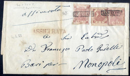 Cover 1858, Assicurata Del 4.3.1858 Da Napoli Via Bari A Monopoli Affrancata Con 1 Grano Rosa Lillaceo I Tavola, 2 Grana - Nápoles