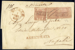 Cover 1859, Lettera Assicurata Da Lecce Il 1.11 Per Napoli Affrancata Con Coppia Verticale Di Due 1 Grano Rosa Carminio  - Napels