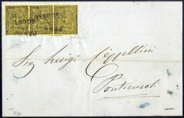 Cover 1853, Lettera Da Parma Il 18.8 Per Pontremoli Affrancata Con Striscia Di Tre 5 C Giallo Arancio, Firma Raybaudi, C - Parme