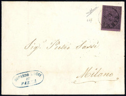 Cover 1852, 25 Cent. Violetto, Bordo Di Foglio In Basso, Su Lettera Da Parma 5.11.1856 Per Milano, Splendida, Firmata So - Parma