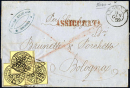 Cover 1859, Lettera Da Ancona Il 4.1 Per Bologna Affrancata Con Tre 4 B. Giallo Chiaro, Sass. 5A - Papal States