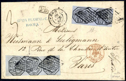 Cover 1867, Lettera Da Roma Il 18.4 Per Parigi Affrancata Con Coppia Orizzontale E Striscia Di Tre Verticale 6 B. Grigio - Papal States