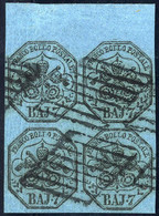 O/bof 1852, 7 B. Azzurro, Quartina Con Bordo In Alto, Usata, Firmata ADiena, Sass. 8 / 1650,-+ - Papal States