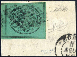 O/piece 1867, 5 C. Azzurro Verdastro, Otto Filetti Usato, 4 Firme E Cert. Avi, Sass. 16 / 5000,- - Papal States