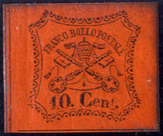 * 1867, Stemma, 10 C. Vermiglio Arancio Nuovo Linguellato, Firmata AD, Sass. 17 - Papal States