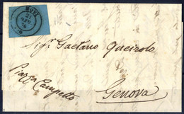 Cover 1854, Lettera Da Novi Il 21.6 Per Genova Affrancata Con II Di Sardegna 20 C. Azzurro (angolo Sinistro Inferiore),  - Sardinië